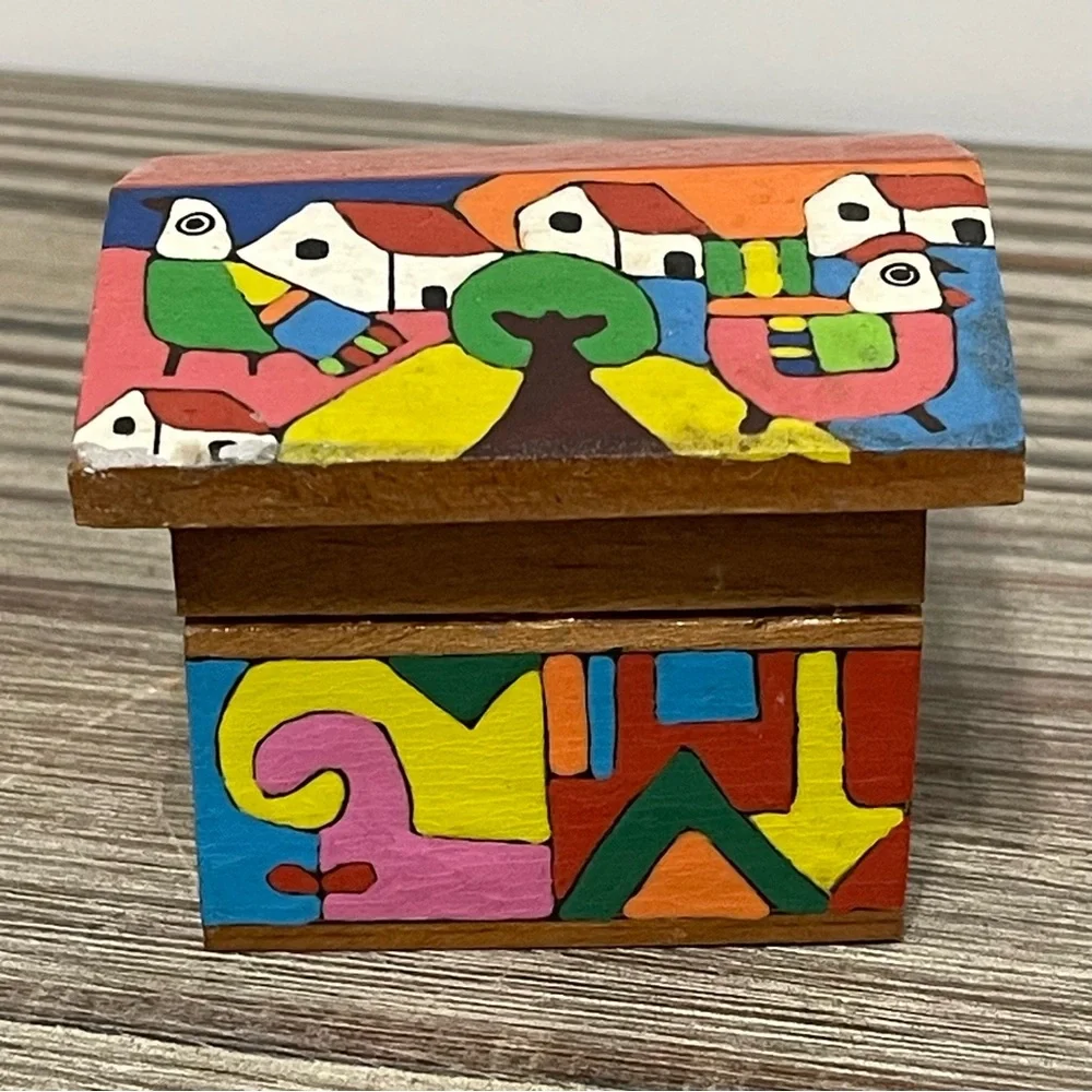 Handcrafted Colorful Folk Art Wooden Miniature Trinket Box Made in Honduras